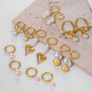 Titanium Steel Artificial Pearl Earrings For Women 18K Gold Plated Geometric Heart Hoop Dangle Minimalist Jewelry