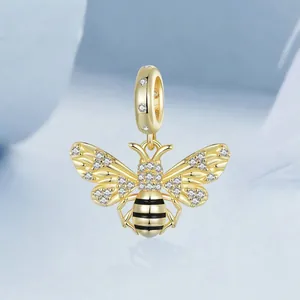 Exquisite 925 sterling silver honey bee charm with gold plating and sparkling crystals