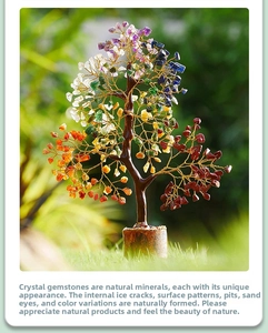 Detail of colorful crystal money tree with natural stones and solid wooden base