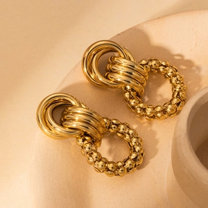 Elegant 18k gold plated 304 stainless steel earrings with vintage woven ring texture