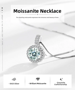 Macro shot of S925 sterling silver moissanite pendant with halo setting and fine chain