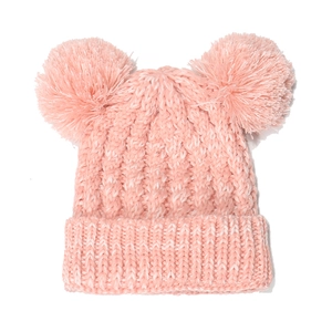 Close-up of pink knit baby hat with white mix texture and two large cute fluffy pom-poms