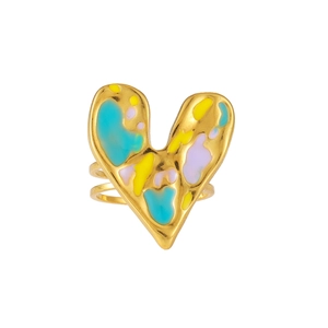 Adjustable colorful drip oil heart ring in gold-plated stainless steel for women