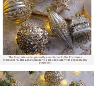Detailed view of champagne gold Christmas ornaments with sequins and pearl accents