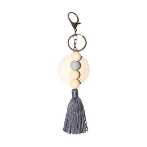Nordic style handmade keychain with wooden beads, grey silicone beads and cotton tassel