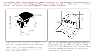 Detailed sizing guide showing head circumference measurement steps and hat dimensions