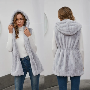 Grey hooded faux fur vest for women with adjustable drawstring waist and front-back view