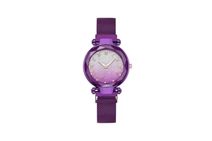 Detailed macro view of faceted glass crystal over a purple starry dial with Roman numerals