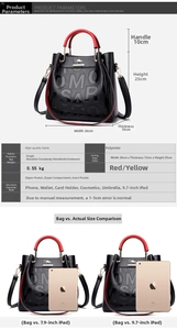 Size diagram and specifications for embossed faux leather tote bag with iPad size comparison