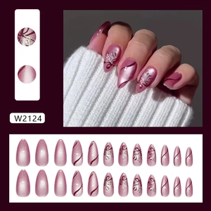 Purple cat eye press on nails with bow design and shimmering ribbon detail 24pcs set