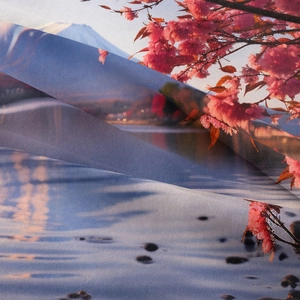Detailed texture of bohemian Mount Fuji tapestry with cherry blossoms and soft folds