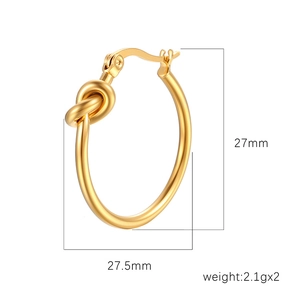 Golden stainless steel knotted hoop earrings with dimensions showing 27mm diameter