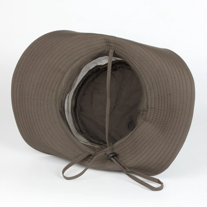 Detail of breathable mesh lining and adjustable windproof cord on dark brown sun hat