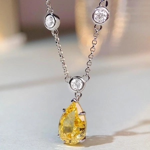 S925 sterling silver necklace with yellow pear-cut drop pendant and clear zircon