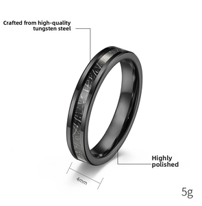 Detail showing 4mm black tungsten ring with high polished finish and grey inlay texture