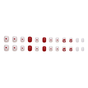 Short cartoon press-on nails with red flower and bird designs 24pcs set