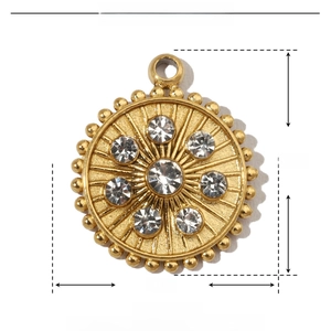 Detailed size chart for golden stainless steel sunburst charm with rhinestones
