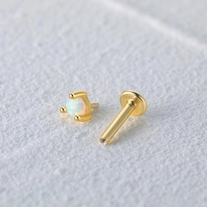 Macro shot of S925 sterling silver opal stud earring with inner thread detail