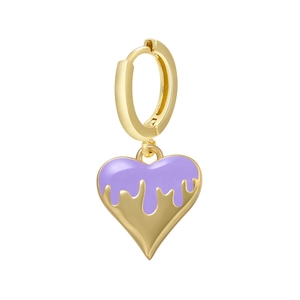 Detail of a gold heart-shaped earring with purple dripping oil effect on white background