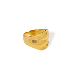 Minimalist wide concave wave ring in gold stainless steel with an adjustable open band