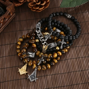 Naturstein-Perlenarmband Set für Herren mit Edelstahlkreuz und Tigerauge-Achat