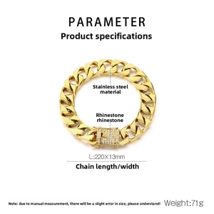 Detailed specs of gold stainless steel Cuban chain bracelet with rhinestone buckle
