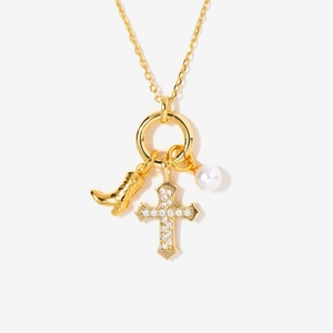 18K gold plated stainless steel necklace with cross, cowboy boot and pearl charms