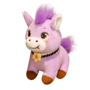 Cute purple plush pony toy with fluffy mane and flower collar on white background
