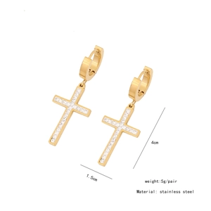 Detailed dimensions of golden stainless steel cross earrings with sparkling zircon