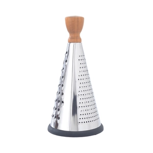 Conical stainless steel cheese grater with ergonomic wooden handle and non-slip rubber base