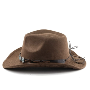 Detail of brown suede cowboy hat with turquoise beads and silver geometric metal buckle