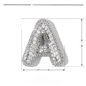 Micro shot of silver copper bubble letter A pendant with cubic zirconia inlay details