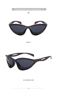 Front and side view of Y2K cat-eye cycling sunglasses with transparent gray frames
