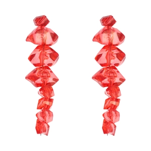 Exaggerated geometric red acrylic earrings with irregular faceted transparent beads