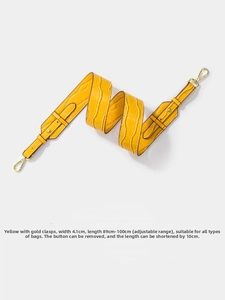 Macro detail of yellow crocodile pattern bag strap with gold lobster clasps and sizing