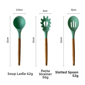 Detail view of mint green silicone soup ladle, pasta server, and slotted spoon with wood handle