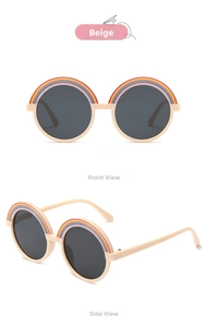 Beige round frame kids sunglasses with rainbow stripe detail and dark grey lenses