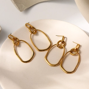 Geometric Double Oval Hoop Dangle Earrings Stainless Steel 18K Gold Plated Minimalist Punk Long Hollow For Women