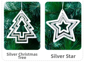 Close-up of silver glittery wooden Christmas tree and star pendants with white hanging strings