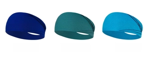 Detalle de diademas elásticas para yoga en tres tonos de azul con diseño plisado