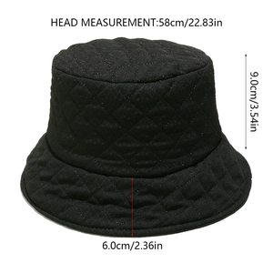 Quilted bucket hat detail showing 58cm head measurement and 9cm height specifications