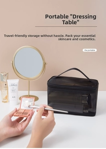 Detail of black mesh makeup bag with zipper and handle showing skincare inside