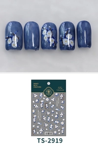 Macro view of TS-2919 nail art stickers featuring navy blue and white camellia designs