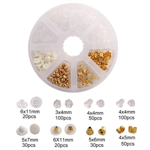 DIY jewelry earring back kit with silicone and gold metal stoppers in a plastic organizer