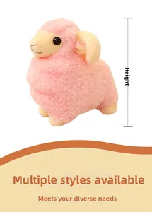 Close-up of pink plush sheep toy with soft curly fur texture and height measurement mark