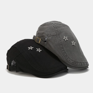 Stylish vintage cotton flat cap with silver star decorations in black and grey colors