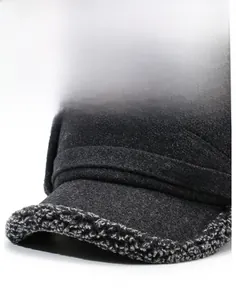 Detail view of thickened winter hat with warm fleece trim and metal sports emblem