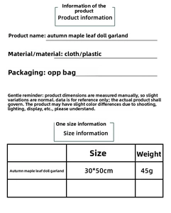 Size chart for autumn maple leaf doll wreath showing 30x50cm dimensions and materials