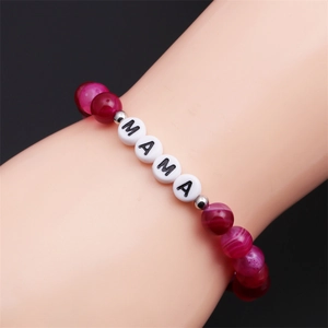Handmade red striped agate beaded bracelet with MAMA letter beads for Mother's Day