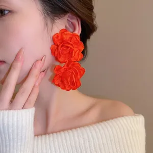 Double Layer Fabric Rose Flower Statement Earrings With Silver Earring Post Women Large Retro Floral Ear Studs Handmade